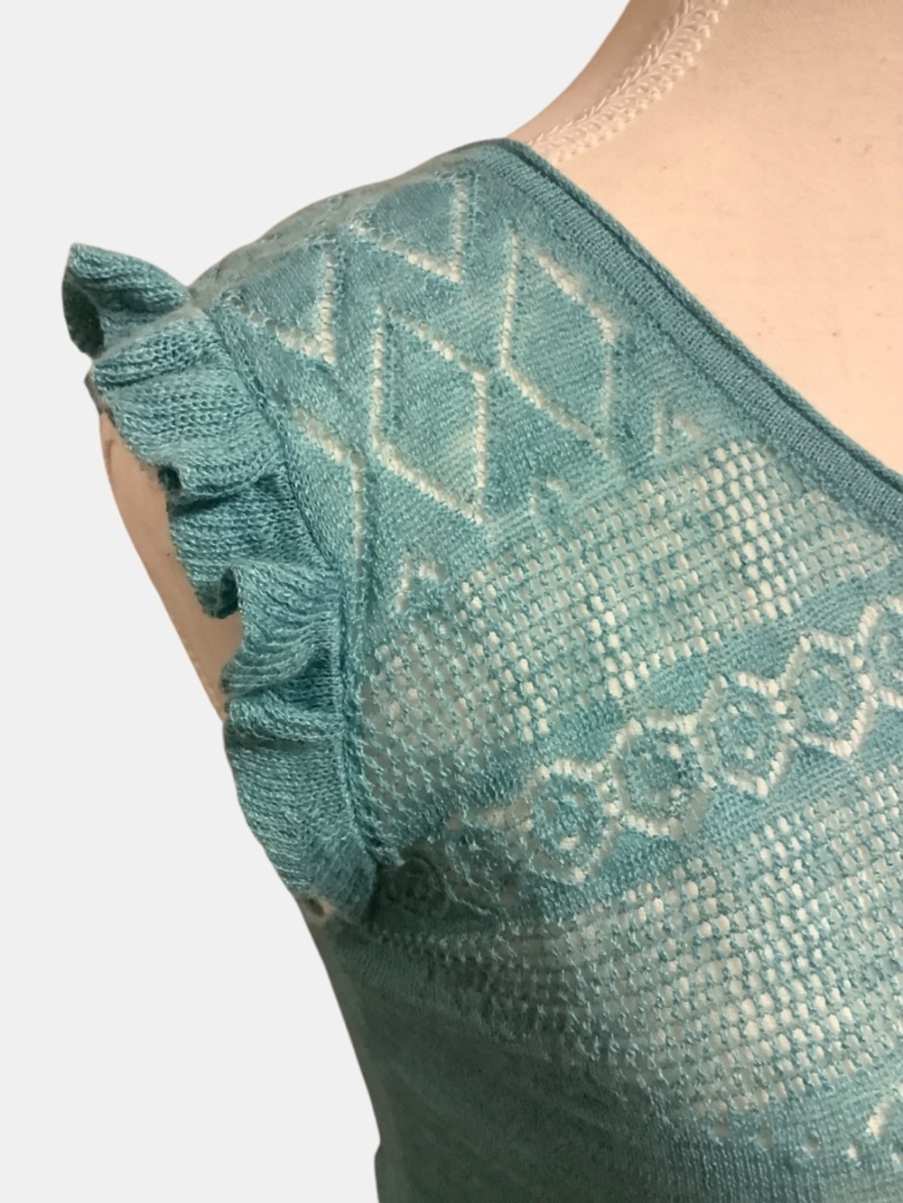 Yerse Linen Blend Knit Top Ruffle Sleeve Lace Detail Teal Size L NWT - Picture 5 of 12